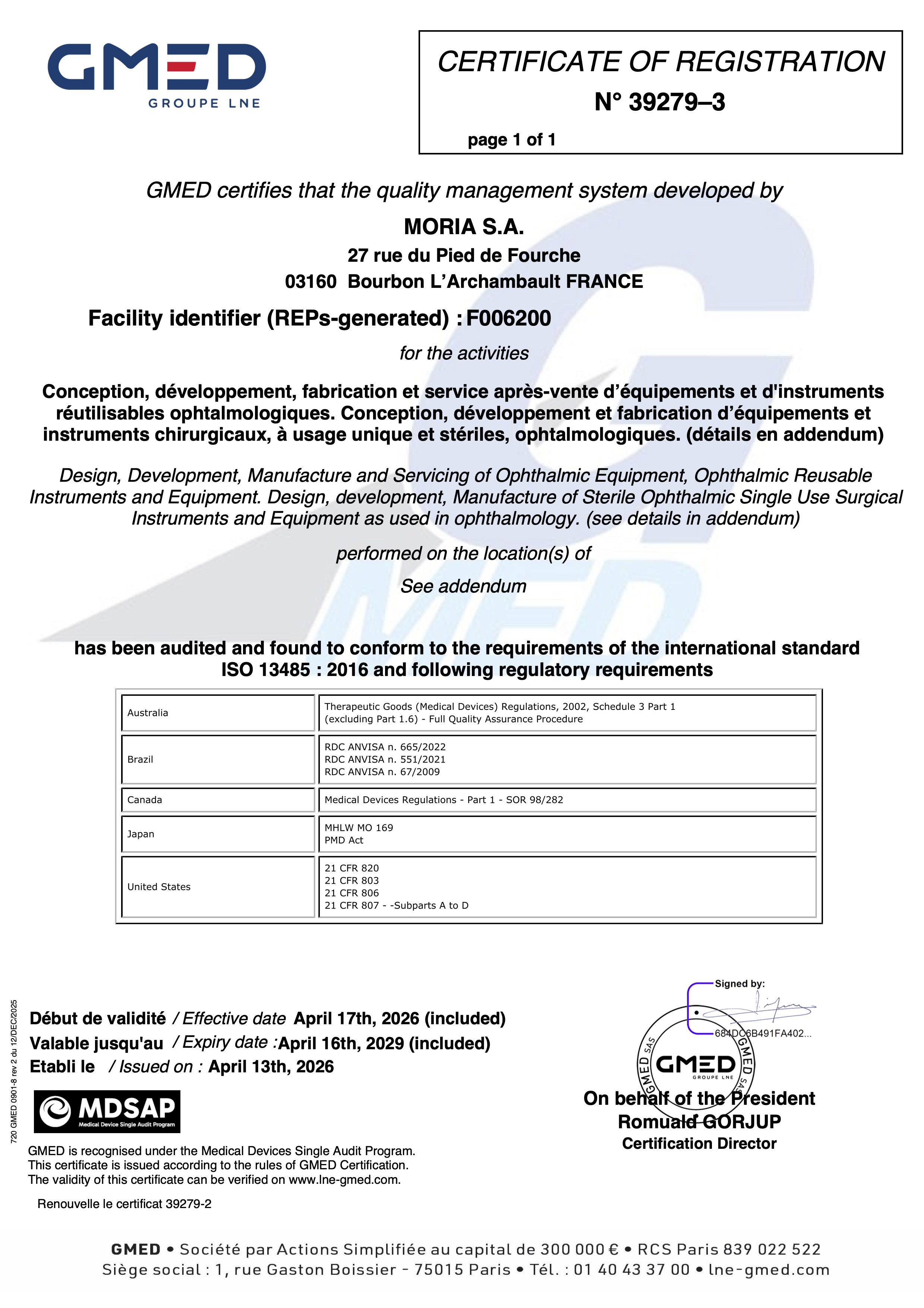 MDSAP Certificate